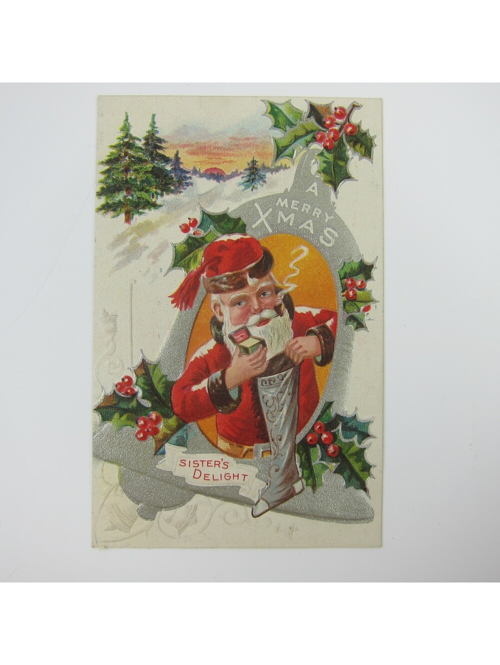 Vintage Christmas Postcard Santa Silver Bell Stocking Holly Embossed Antique